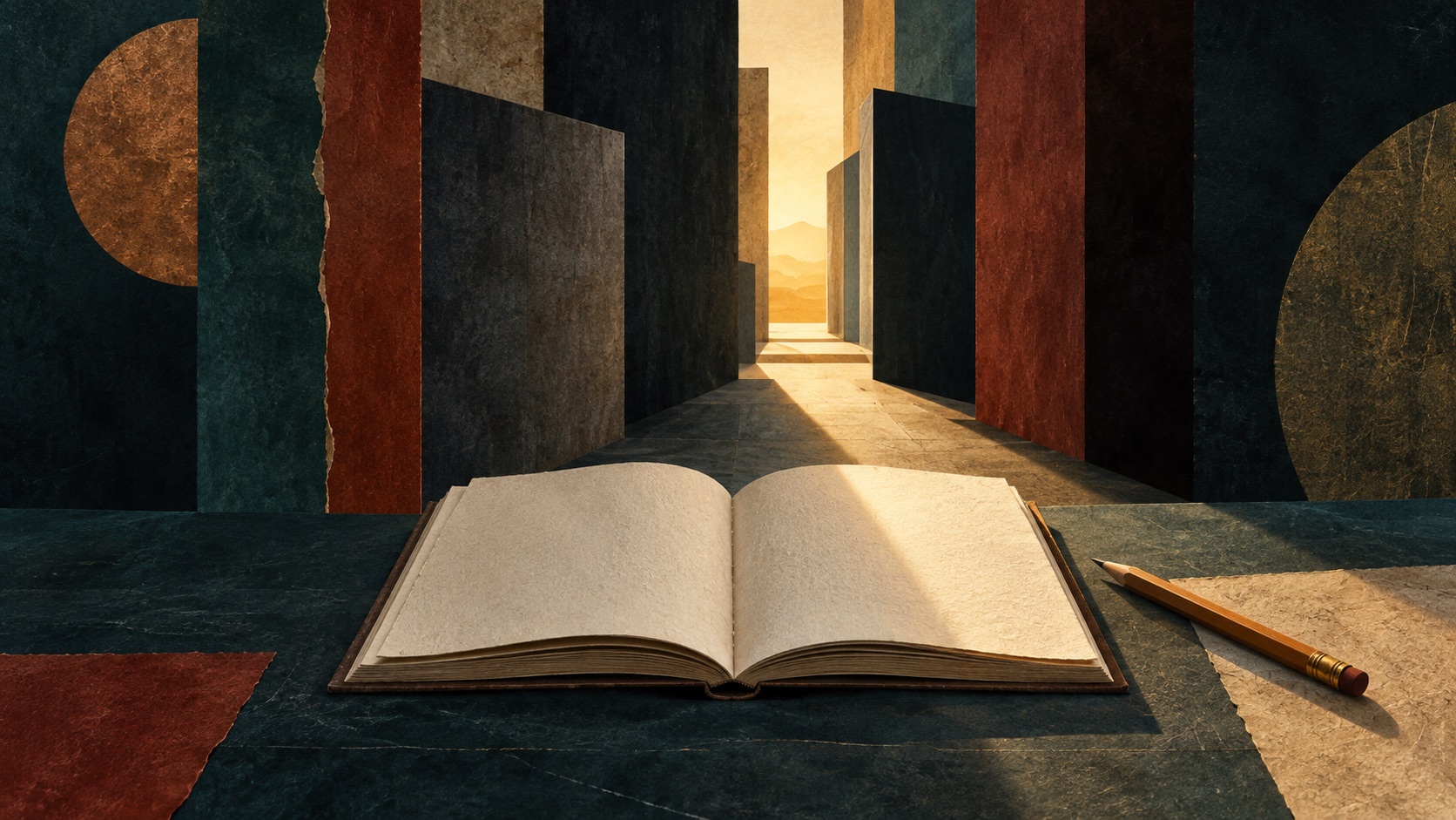 Editorial artwork of an open book and pencil with a path toward light