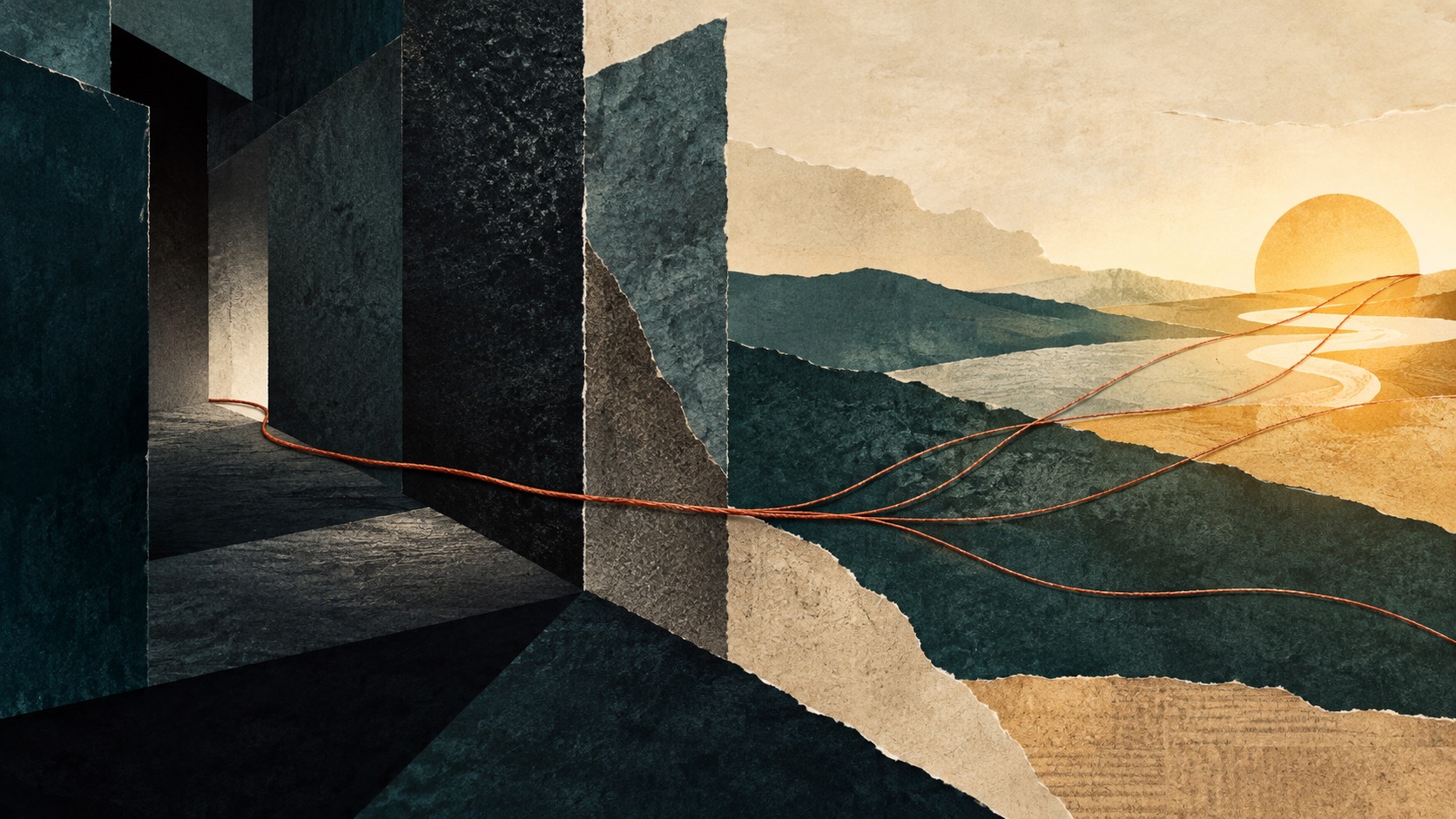 Editorial collage of a rust-colored thread crossing a dark threshold and branching toward light